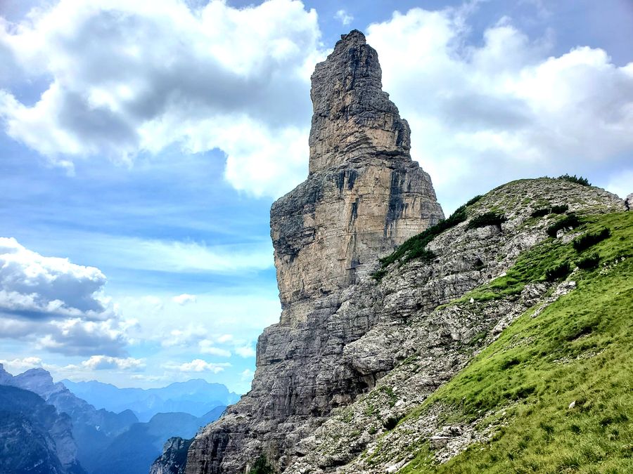 Looking back at the Campanile di Val Montanaia from the Bivacco Perugini